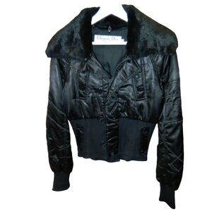 Christian Dior Black Satin & Faux Fur Cropped Jacket Size 6 Made In Italy